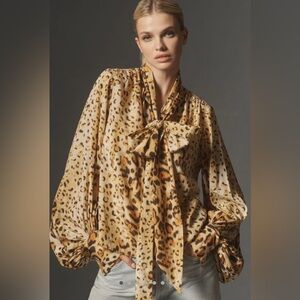 NWT Anthropologie Let Me Be Animal Print Tie-Neck Blouse